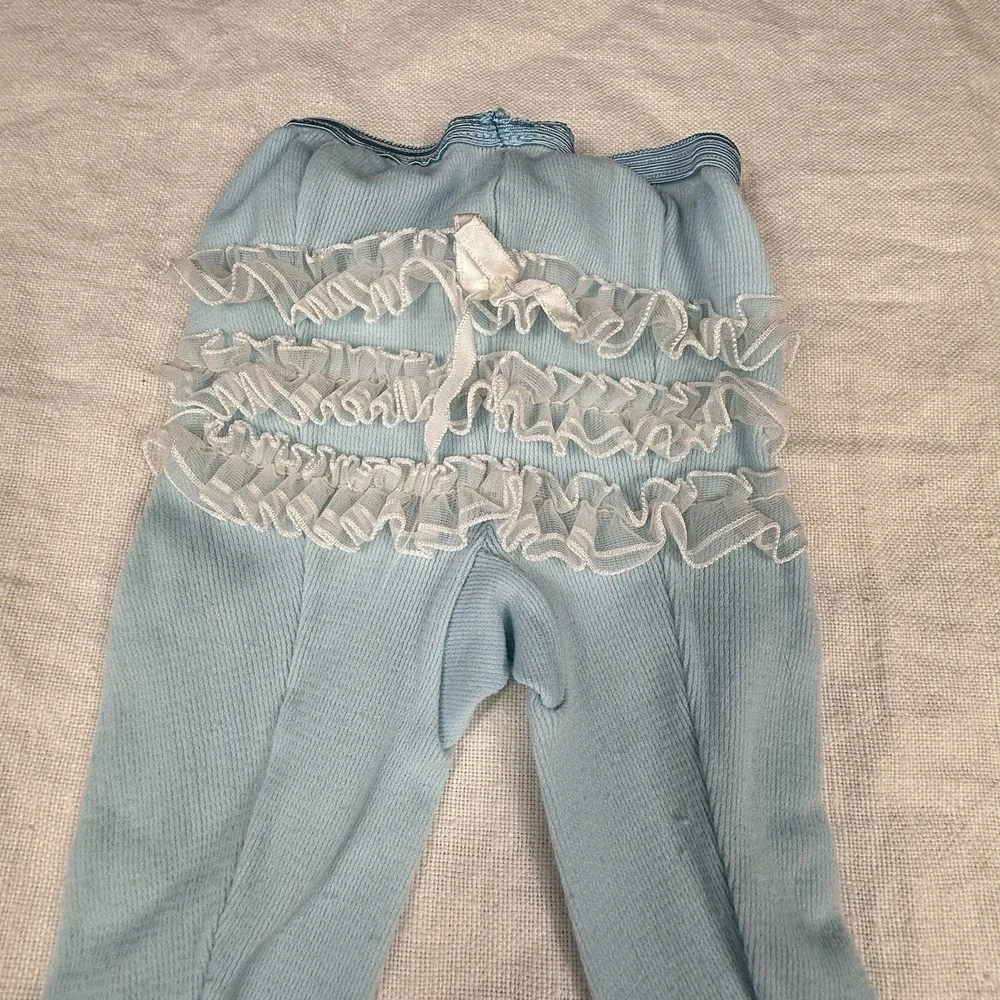 Vintage Baby Dress Girls 9-12M Blue Floral Embroidered Peter Pan Puff Sleeve